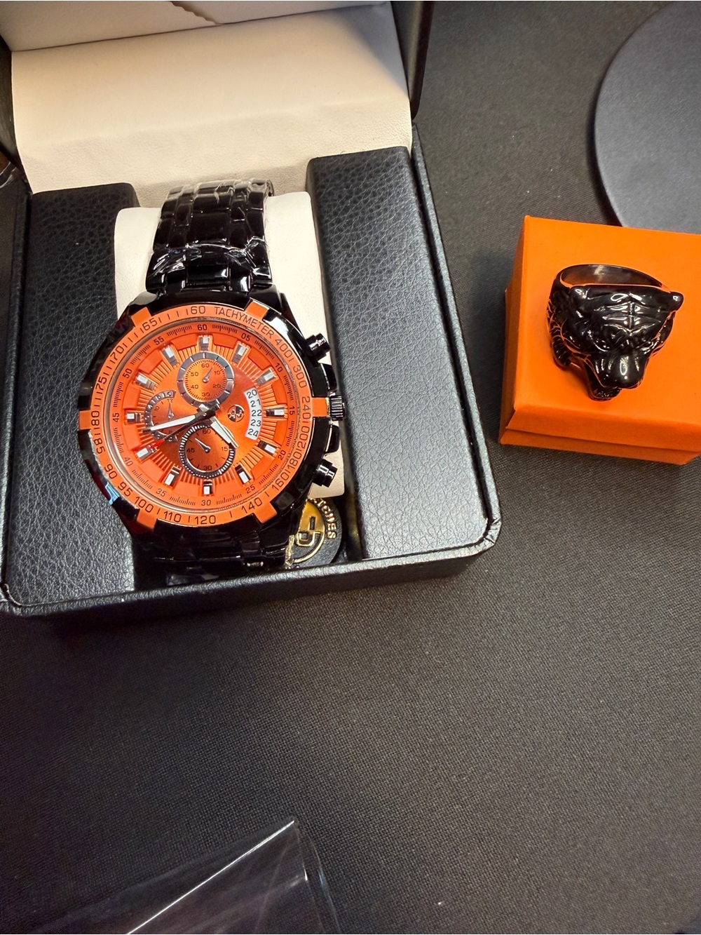 Black Stainless Steel Men’s Chronograph Watch with Orange Dial